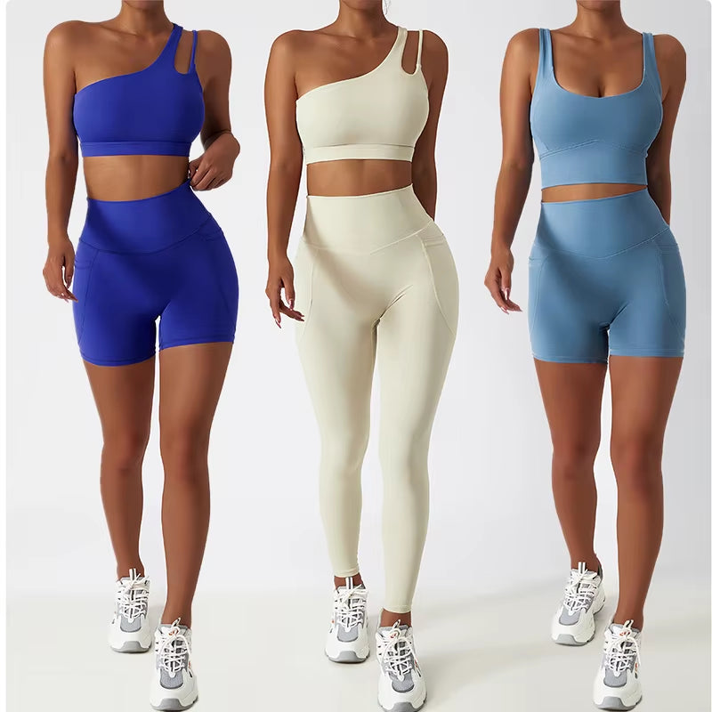 Breathable Cloud Quick-Drying Tight Yoga Dress Pocket Leggings Shorts Diagonal Shoulder Sports Bra Women'S Sets Women'S Clothing