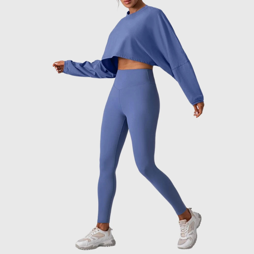 Loose Long Sleeve Crop Top Work Out Leggings Sets for Women Two Piece Clothing Athletic Wear Jogging Suits Gym Clothes