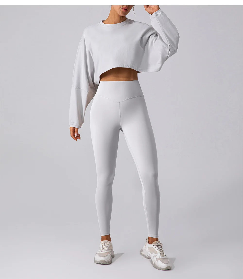 Loose Long Sleeve Crop Top Work Out Leggings Sets for Women Two Piece Clothing Athletic Wear Jogging Suits Gym Clothes