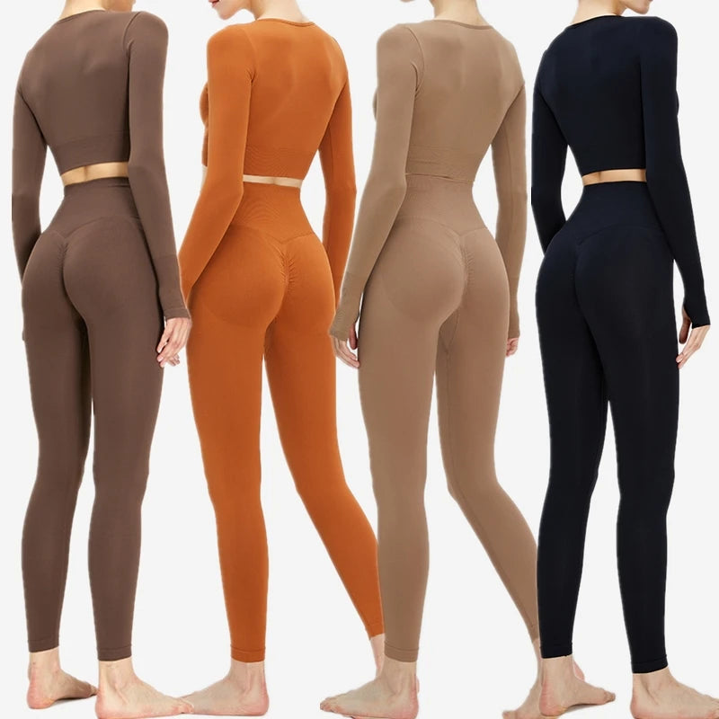 Gym Wear Women Sets Seamless Yoga Pants Fitness Suit Long Sleeve Crop Top Scrunched Butt Leggings Set