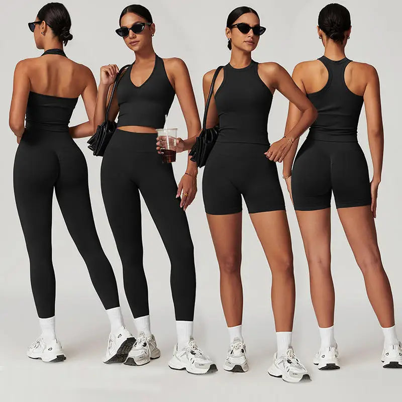 Women Seamless Slim Fit Yoga Set Sports Bra Tank Top Vest High Waist Leggings Biker Shorts Zipper Jacket Coat Fitness Gym Set