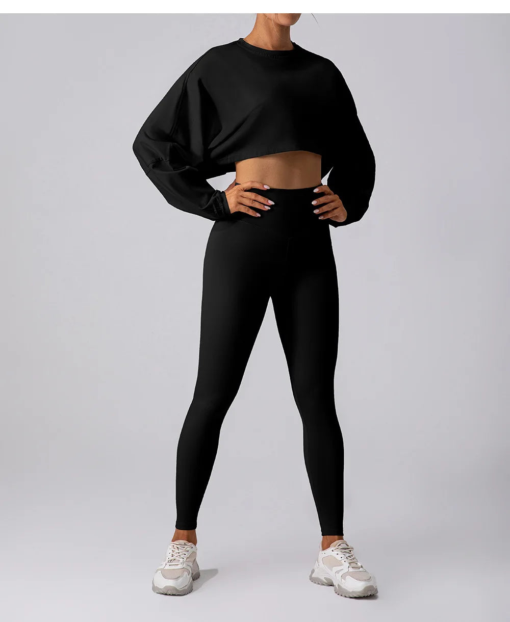 Loose Long Sleeve Crop Top Work Out Leggings Sets for Women Two Piece Clothing Athletic Wear Jogging Suits Gym Clothes