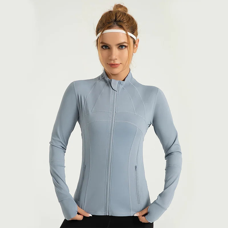 Women Yoga Sports Long Sleeve Coat Thumb Hole Zipper Tight Lightweight Breathable Running Sportswear Jacket