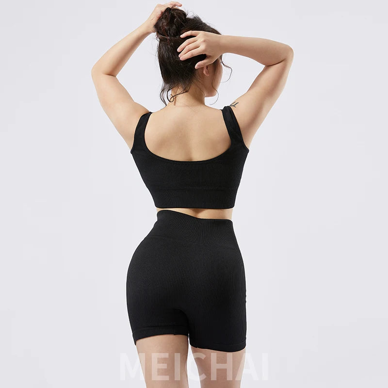 Ribbed Seamless Crop Top Bra Shorts Gymset