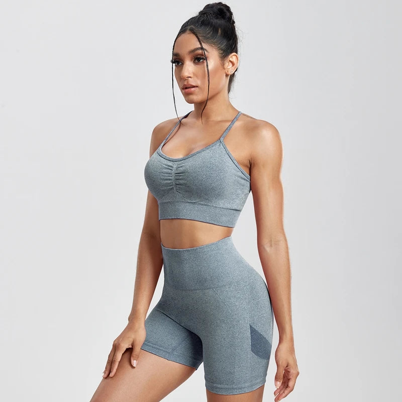 Two Piece Solid Peach Buttocks Shorts GymSet