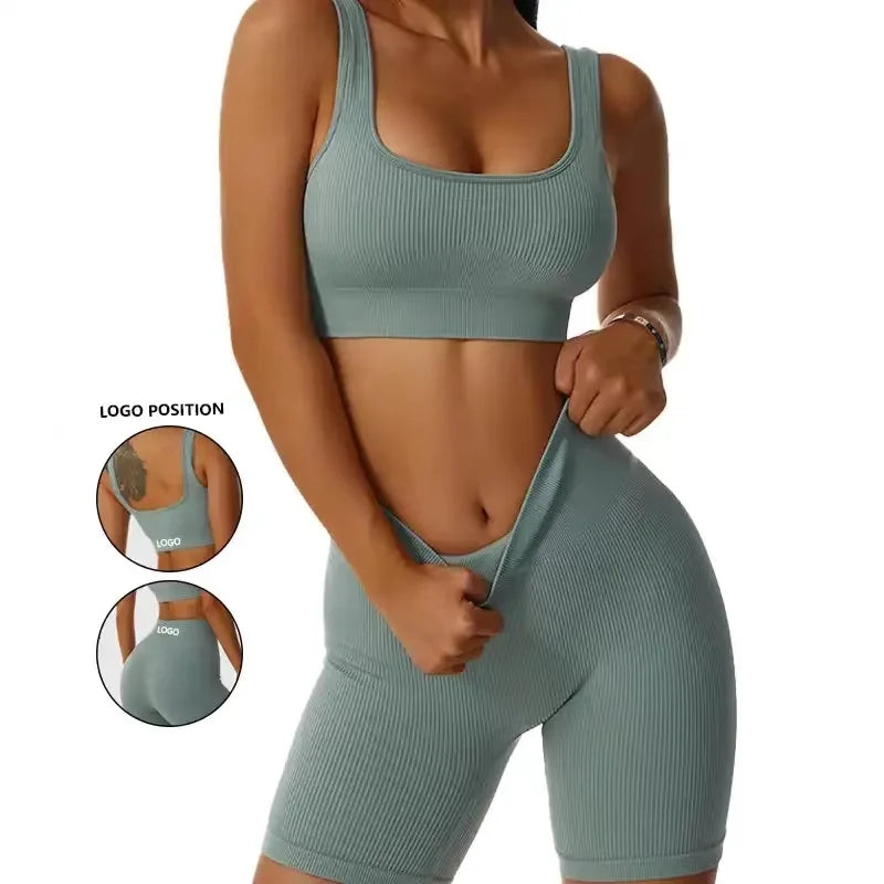 Ribbed Seamless Crop Top Bra Shorts Gymset