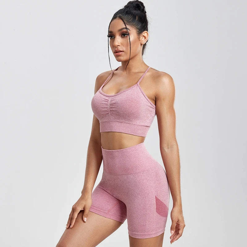 Two Piece Solid Peach Buttocks Shorts GymSet