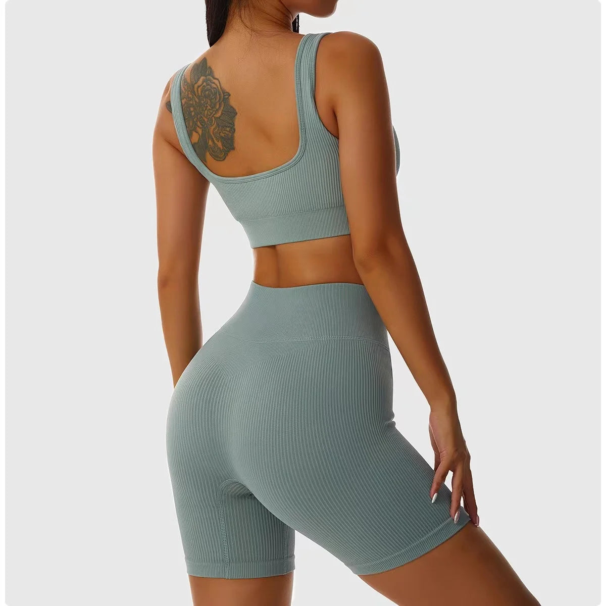 Ribbed Seamless Crop Top Bra Shorts Gymset