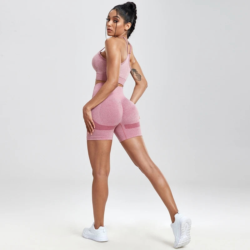 Two Piece Solid Peach Buttocks Shorts GymSet